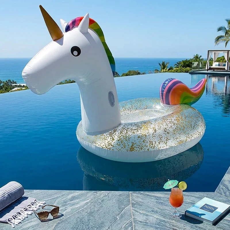 Giant Inflatable Glitter Unicorn Floater Air Mattress With Handles Age 14+ Size 275 x 140 x 120 cm High Quality Vinyl White With Rainbow Mane (EN15649-1)